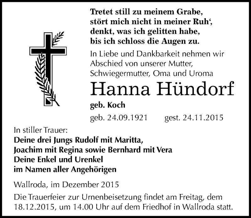  Traueranzeige für Hanna Hündorf vom 05.12.2015 aus Mitteldeutsche Zeitung Naumburg/Nebra
