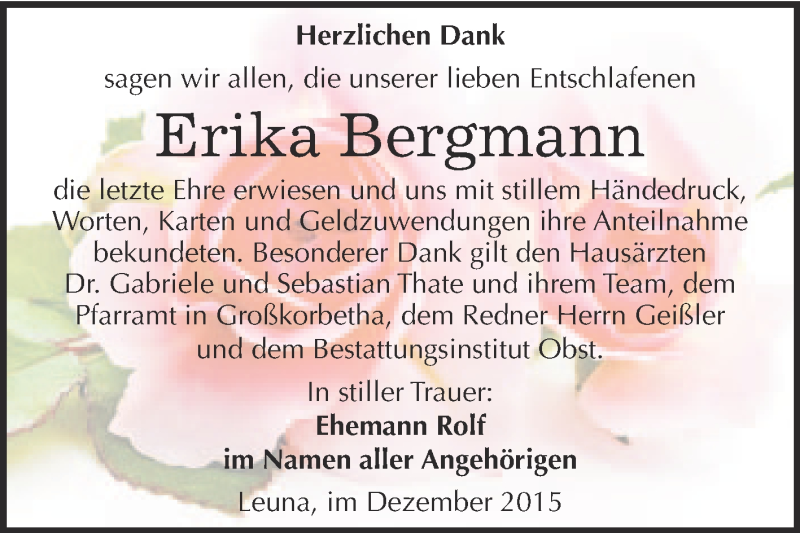  Traueranzeige für Erika Bergmann vom 16.12.2015 aus Super Sonntag Merseburg