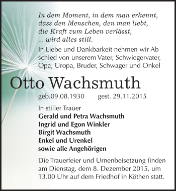 Traueranzeige von Otto Wachsmuth von Mitteldeutsche Zeitung Köthen