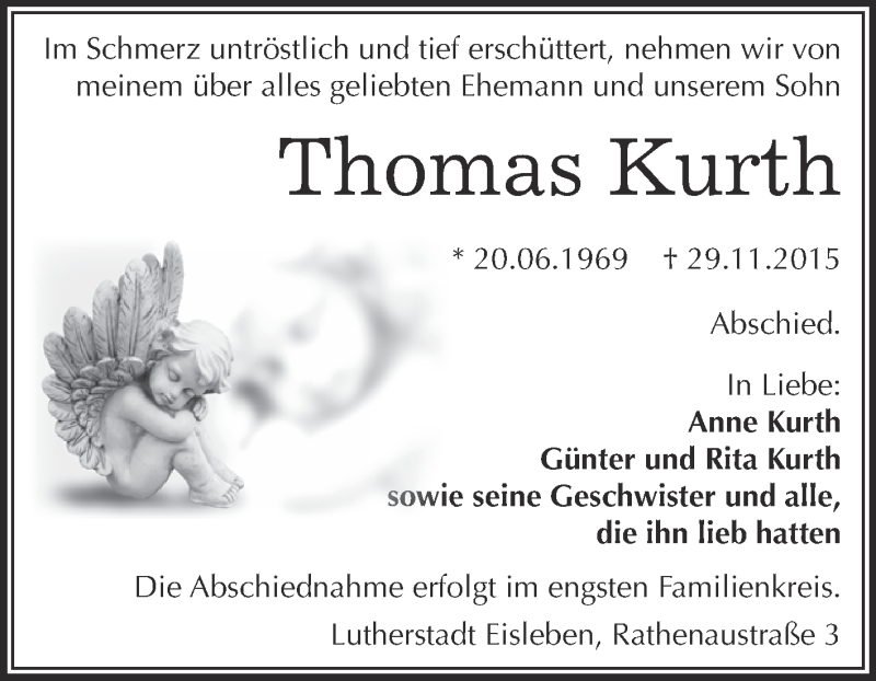  Traueranzeige für Thomas Kurth vom 05.12.2015 aus Super Sonntag SGH Mansf. Land