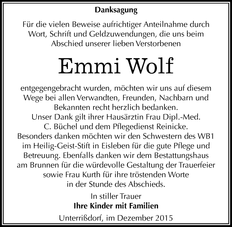  Traueranzeige für Emmi Wolf vom 29.12.2015 aus Mitteldeutsche Zeitung Mansfelder Land