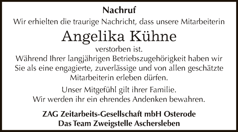  Traueranzeige für Angelika Kühne vom 05.12.2015 aus Super Sonntag Aschersleben