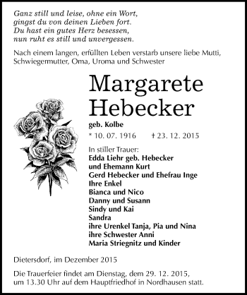 Traueranzeige von Margarete Hebecker von Mitteldeutsche Zeitung Sangerhausen