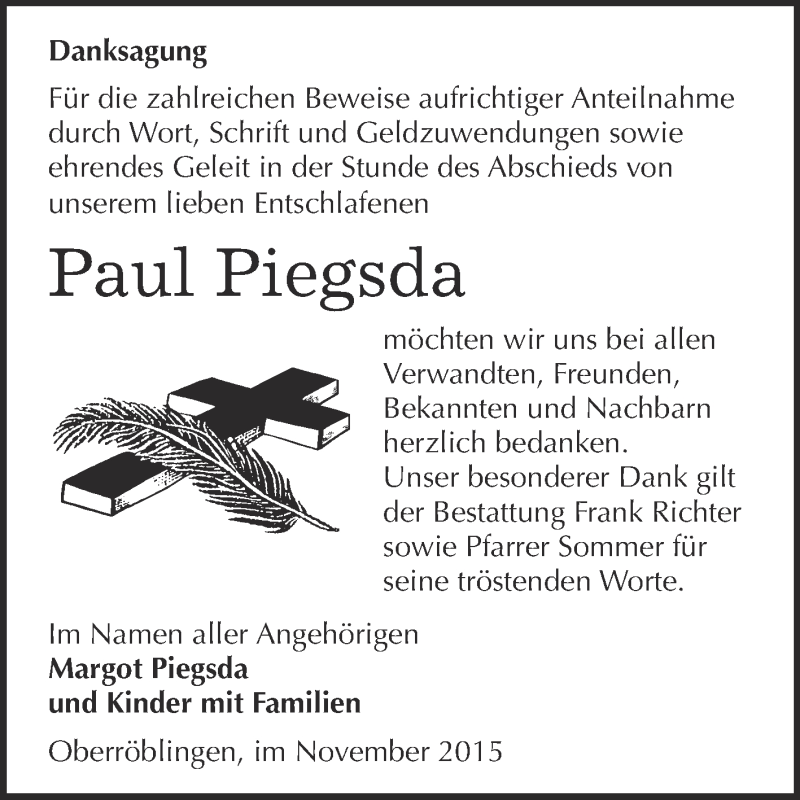  Traueranzeige für Paul Piegsda vom 05.12.2015 aus Super Sonntag SGH Mansf. Land