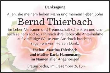 Traueranzeige von Bernd Thierbach von WVG - Wochenspiegel Merseburg