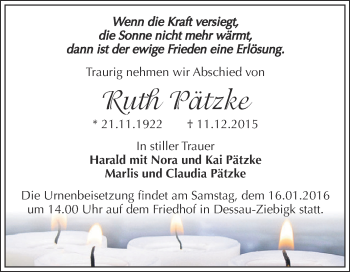 Traueranzeige von Ruth Pätzke von WVG - Wochenspiegel Dessau / Köthen