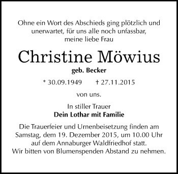 Traueranzeige von Christine Möwius von Mitteldeutsche Zeitung Wittenberg