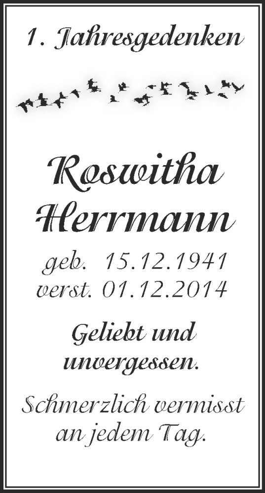  Traueranzeige für Roswitha Herrmann vom 02.12.2015 aus WVG - Wochenspiegel NMB / WSF / ZTZ