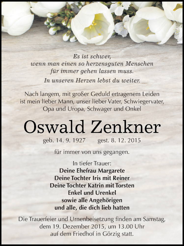  Traueranzeige für Oswald Zenkner vom 12.12.2015 aus WVG - Wochenspiegel Dessau / Köthen
