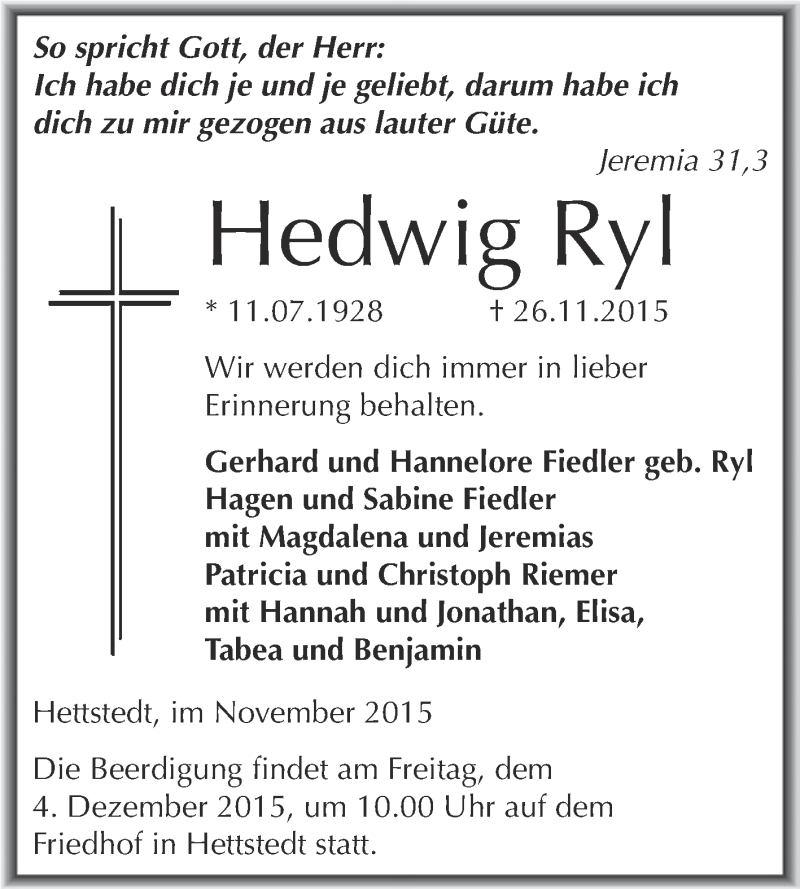  Traueranzeige für Hedwig Ryl vom 02.12.2015 aus Wochenspiegel Mansfelder Land