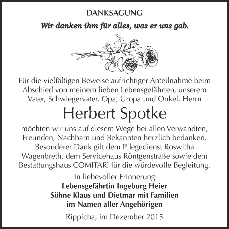  Traueranzeige für Herbert Spotke vom 12.12.2015 aus Super Sonntag Zeitz