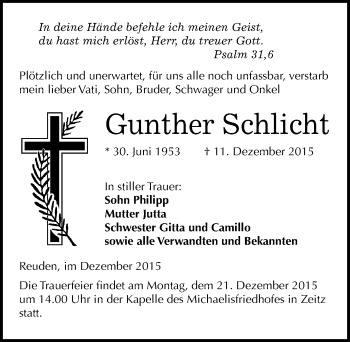 Traueranzeige von Gunther Schlicht von Mitteldeutsche Zeitung Zeitz