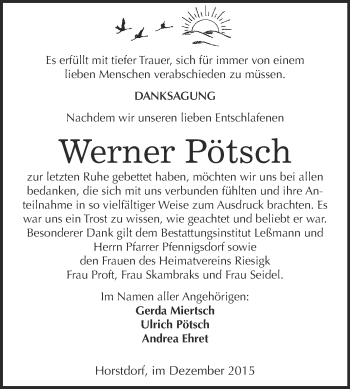 Traueranzeige von Werner Pötsch von WVG - Wochenspiegel Wittenberg