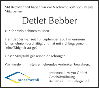 Traueranzeige von Detlef Bebber von Super Sonntag Aschersleben