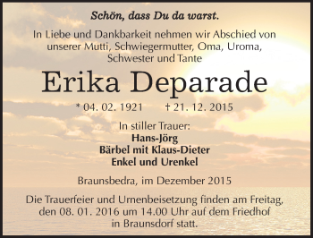 Traueranzeige von Erika Deparade von Mitteldeutsche Zeitung Merseburg/Querfurt
