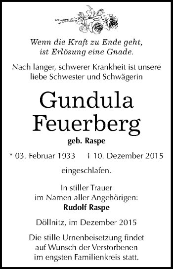 Traueranzeige von Gundula Feuerberg von Mitteldeutsche Zeitung Mansfelder Land