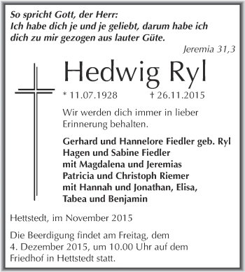 Traueranzeige von Hedwig Ryl von Wochenspiegel Mansfelder Land
