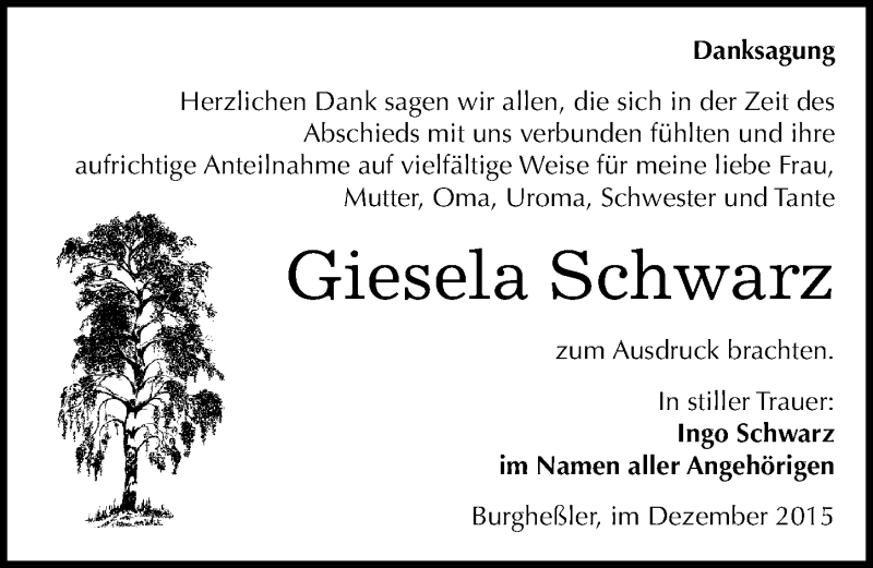  Traueranzeige für Giesela Schwarz vom 08.12.2015 aus Mitteldeutsche Zeitung Naumburg/Nebra