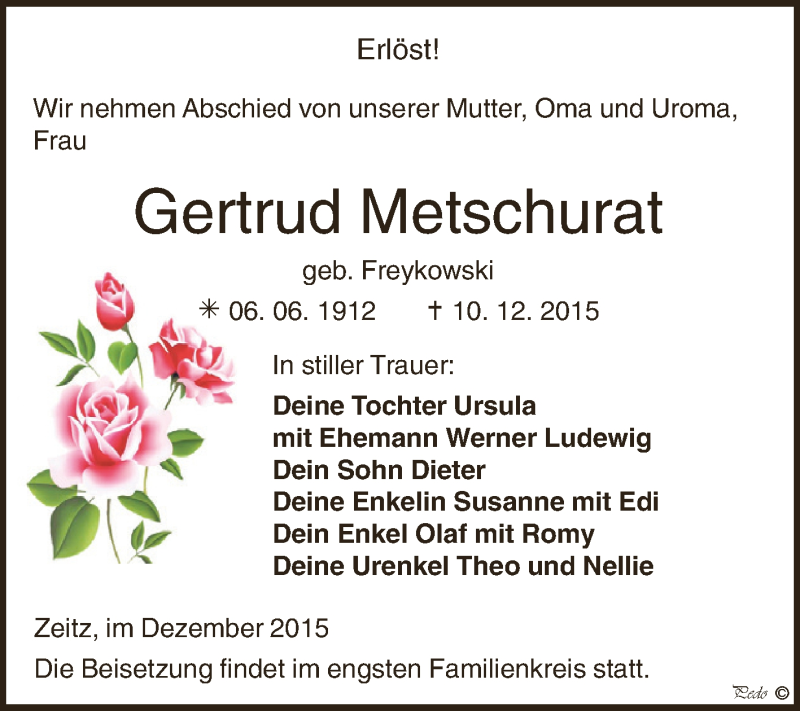  Traueranzeige für Gertrud Metschurat vom 19.12.2015 aus Super Sonntag Zeitz
