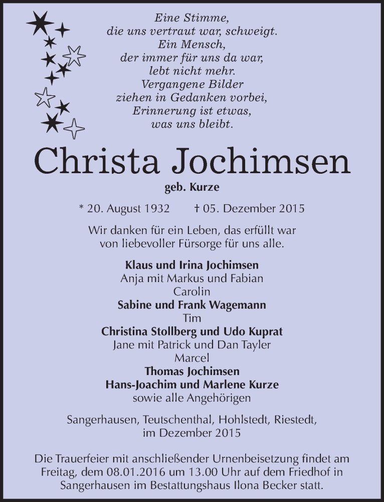  Traueranzeige für Christa Jochimsen vom 30.12.2015 aus Mitteldeutsche Zeitung Sangerhausen