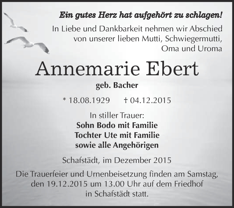  Traueranzeige für Annemarie Ebert vom 12.12.2015 aus WVG - Wochenspiegel Merseburg
