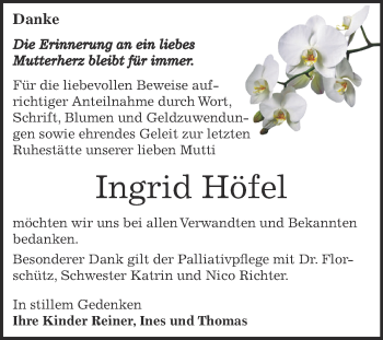 Traueranzeige von Ingrid Höfel von WVG - Wochenspiegel Dessau / Köthen