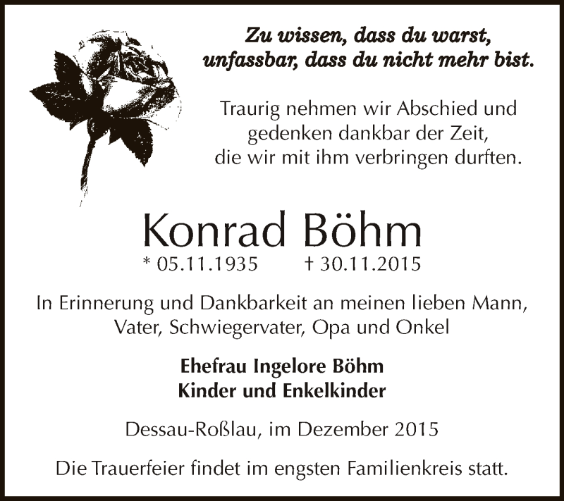  Traueranzeige für Konrad Böhm vom 12.12.2015 aus WVG - Wochenspiegel Dessau / Köthen