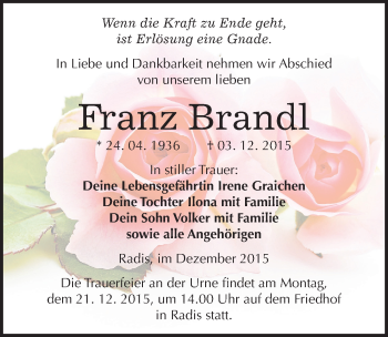 Traueranzeige von Franz Brandl von Mitteldeutsche Zeitung Wittenberg