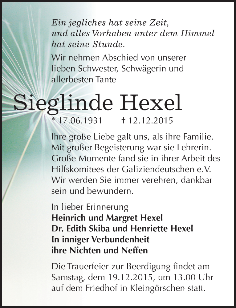  Traueranzeige für Sieglinde Hexel vom 17.12.2015 aus Mitteldeutsche Zeitung Weißenfels