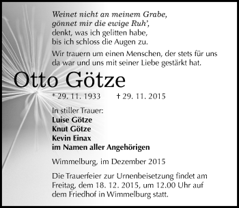 Traueranzeige von Lotto Götze von Mitteldeutsche Zeitung Mansfelder Land