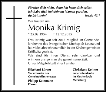 Traueranzeige von Monika Krimig von Mitteldeutsche Zeitung Merseburg/Querfurt