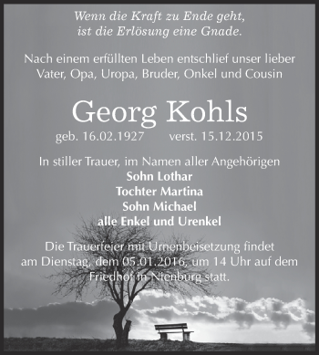 Traueranzeige von Georg Kohls von Super Sonntag Bernburg