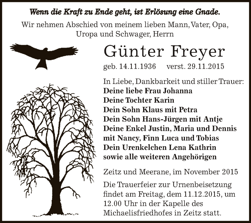  Traueranzeige für Günter Freyer vom 05.12.2015 aus Super Sonntag Zeitz