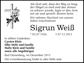 Traueranzeige von Sigrun Weiß von Mitteldeutsche Zeitung Merseburg/Querfurt