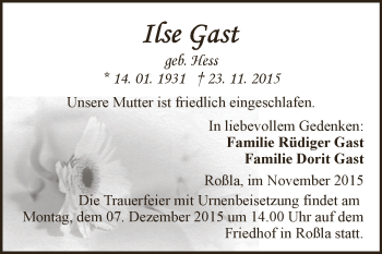Traueranzeige von Ilse Gast von WVG - Wochenspiegel SGH