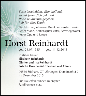 Traueranzeige von Horst Reinhardt von Super Sonntag SGH Mansf. Land