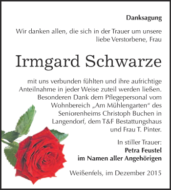 Traueranzeige von Irmgard Schwarze von WVG - Wochenspiegel NMB / WSF / ZTZ