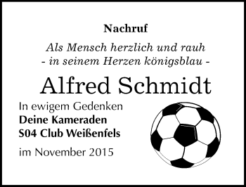 Traueranzeige von Alfred Schmidt von Mitteldeutsche Zeitung Weißenfels