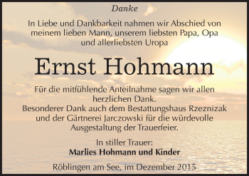 Traueranzeige von Ernst Hohmann von Mitteldeutsche Zeitung Mansfelder Land