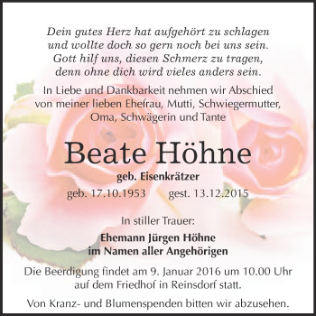 Traueranzeige von Beate Höhne von WVG - Wochenspiegel NMB / WSF / ZTZ