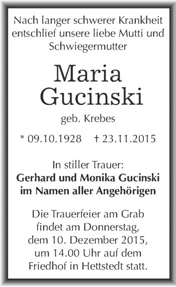 Traueranzeige von Marioa Gicinski von Wochenspiegel Mansfelder Land