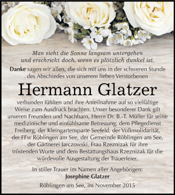Traueranzeige von Hermann Glatzer von Wochenspiegel Mansfelder Land
