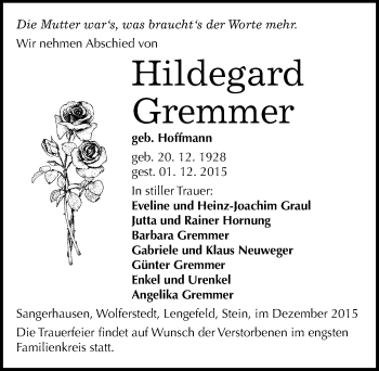 Traueranzeige von Hildegard Gremmer von Mitteldeutsche Zeitung Sangerhausen