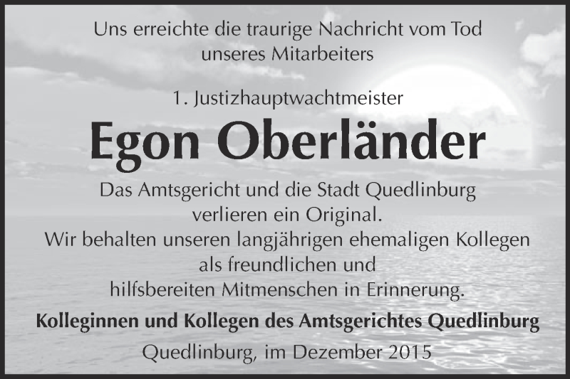  Traueranzeige für Egon Oberländer vom 19.12.2015 aus Super Sonntag Quedlinburg