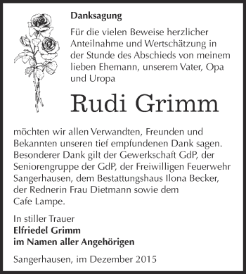 Traueranzeige von Rudi Grimm von Super Sonntag SGH Mansf. Land