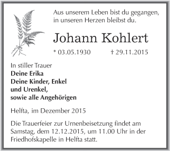 Traueranzeige von Johann Kohlert von Wochenspiegel Mansfelder Land