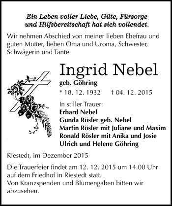 Traueranzeige von Ingrid Nebel von Mitteldeutsche Zeitung Sangerhausen