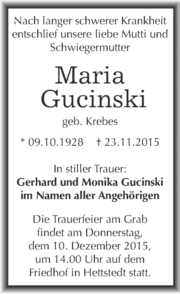  Traueranzeige für Marioa Gicinski vom 02.12.2015 aus Wochenspiegel Mansfelder Land