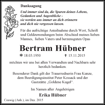 Traueranzeige von Bertram Hübner von WVG - Wochenspiegel Dessau / Köthen