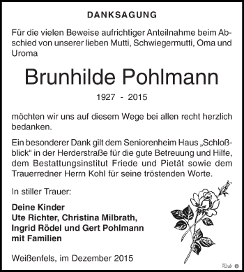 Traueranzeige von Brunhilde Pohlmann von WVG - Wochenspiegel NMB / WSF / ZTZ